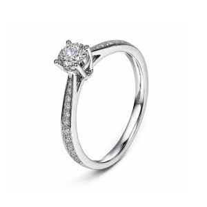9K White Gold Elegant 4 Prong Solitaire Diamond Ring With Side Diamonds