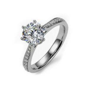 9K White Gold Elegant 6 Prong Solitaire Diamond Ring With Side Diamonds