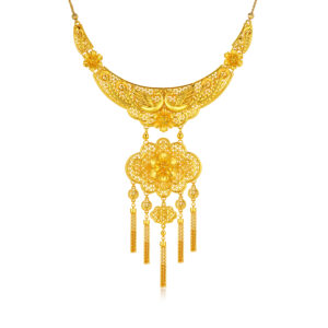 Ornate Gold Filigree Phoenix & Peony Bridal Necklace