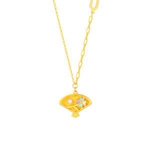 Oriental Fan Necklace with Pearl & Pastel Mother of Pearl